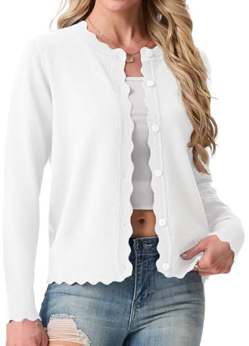 GRECERELLE Women's Cardigans Knit Crew Neck Lightweight Cardigan | Long Sleeve Cardigan Sweater Ladies Button Down Scalloped Shrugs Jumper for Dress Summer Evening Wedding