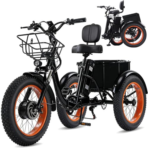 Broobey Adult Electric Tricycle 20 Electric Trike 48V Removable Battery Up to 50 Miles PAS 7-Speed Dual Baskets LCD & Lights 200 kg Load