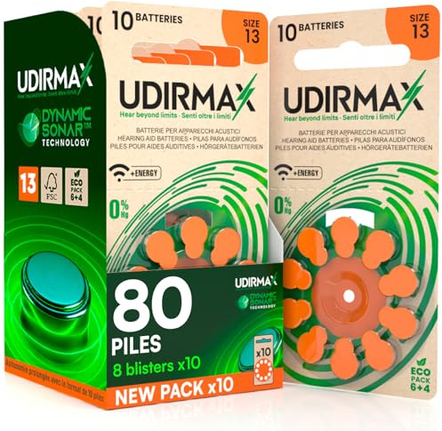 80 Batterie per Apparecchi Acustici PR48 Misura 13 (Arancioni) Pile Udirmax - Zinco-Aria 0% Mercurio 1,45V e Tecnologia Dynamic Sonar - Eco Pack 8 Blister Ecologici da 10 Pile