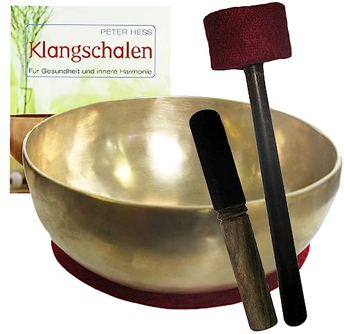 Klangschale GROSSE HERZSCHALE mit HELLEM Ton Therapie-Qualität 4-tlg Klangmassage-Set + BUCH von Peter Hess. Therapieklangschale 1100-1300g ca. 20-22 cm mit Kissen, Holz-Leder-Klöppel. 70052