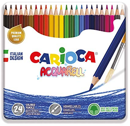 Carioca Lápices Acuarelables | Caja Metálica de 24 lápices acuarelables | Efecto acuarela si se mezclan los colores con agua y pincel | Colores surtidos y escritura blanda | 24 piezas