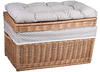 e-wicker24 Baule Vintage Artigianale in Vimini Cassapanca Contenitore Rettangolare con Coperchio, 70x42 H47, Naturale, Punti, Compleanno, Festa per il Nascituro, Festa della Mamma