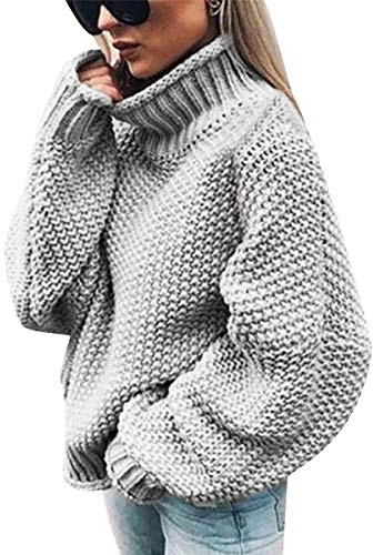 Pull Col Roulé Femme Grosse Maille Oversize Ample Loose Chaud Uni Pull-Over Tricoté Torsadé Manche Longue Epais Top Casual Pullover Jumper Gris XL