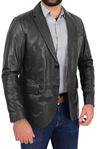 A1 FASHION GOODS Donnie Blazer en cuir pour homme Coupe cintrée 2 boutons Noir - Noir - Large
