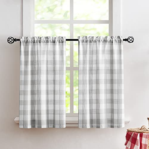 Treatmentex Grey White Check Kitchen Tier Curtains 24 inch Length Short Semi Sheer Café Curtains for Basement Laundry Room Bathroom Windows 27w x 24l 2 Panels Rod Pocket