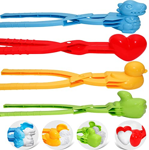Holady 4PCS Large Size Snowball Maker Clip,Snowball Maker Tool with Handle for Snow Ball Fights, Snow Toys Kids Winter Outdoor Toys（Dinosaur, Love Heart, Duck, Thumb Shape）