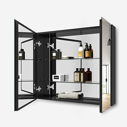 EMKE Spiegelschrank Bad, Badezimmer Spiegelschrank mit Spiegel, 75x65cm Badschrank Wandschrank mit höhenverstellbaren Glasablage (Schwarz Mattiert)