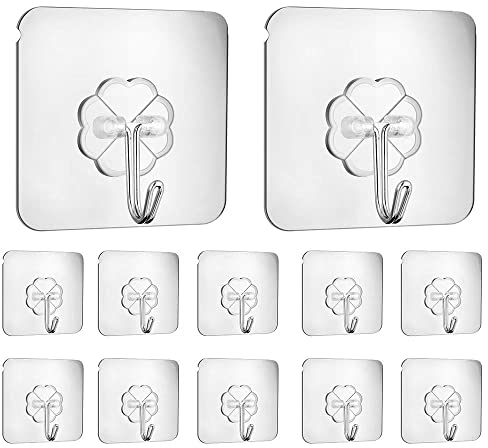 Adhesive Hooks, Self Adhesive Hooks,Waterproof Self Adhesive Hook Heavy Duty Wall Hooks for Home Kitchen Bathroom Hanging Coat Cloth Towel Key Decorations(12 Pack)