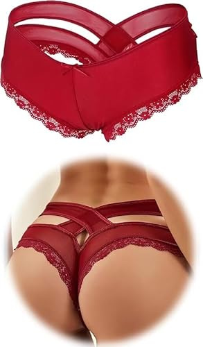 comeondear Sexy Brazilian Knickers for Women, Back Hollow Out Thongs Silky Stretchy Panties Lace Trim Valentines Lingerie with Cotton Gusset, Plus Size 8-10, Red