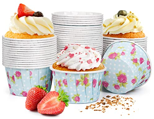 Spesh 50 Pièces Moules à Muffins Caissette Muffins Papier Moules à Cupcakes Jetables en Papier pour Fête,Noël,Mariage,Anniversaire(Fleurs)