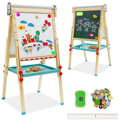 Chevalet pour Enfants en Bois, Chevalet d'art Double Face avec Rouleau de Papier Tableau Blanc et Tableau Noir avec Chiffres et Autres Accessoires pour les enfants à partir de 3 ans