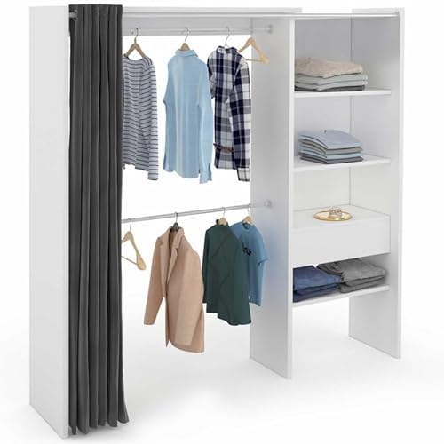 IDMarket - Dressing Extensible Marty 120/170 x 50 x 180 cm Blanc avec étagères + Double penderie + Rideau Gris