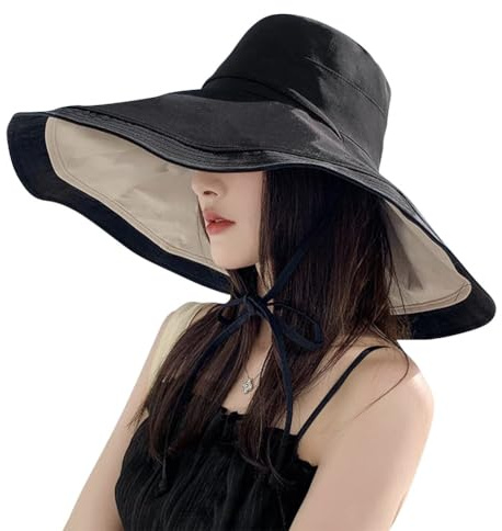 Sombrero de sol reversible plegable de ala grande para mujer, de ala ancha de 6.9 pulgadas, protección UV, sombreros de playa con correa, Negro, 2-8