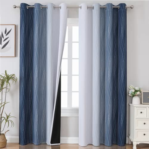 VEHEDE Ombre Blackout Curtains for Living Room 96 Inch Drop, Thermal Insulated Curtains for Sliding Door, Noise Reducing Drapes for Bedroom, W52 x L96 Inch, Navy Blue and Greyish White, 2 Panels
