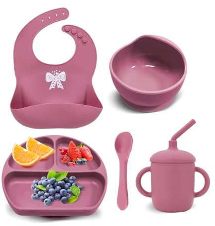 Miracle Baby Lot de 5 Set Vaisselle Silicone Repas Bébé, Assiette avec Ventouse, Bol Antidérapant, Tasse à Paille, Bavoir, Cuillere, Enfant Set Couverts Vaisselle Pour Sevrage Manger (Rouge)
