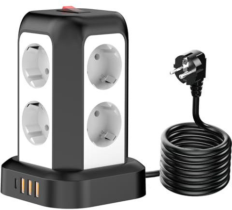 MBQYT Multiprise Parafoudre avec 8 Prises, 3 USB-A&1 USB-C, Tour Multiprise avec Interrupteur, Secteur avec Rallonge Electrique 1.8M, Prise Multiple pour Bureau et Maison