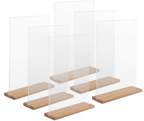 hocadon 6 pezzi Espositore da Tavolo in Acrilico con Base in Legno Porta Listino A5 Supporto in Acrilico Trasparente, Verticale, Doppio Lato, per Poster, Volantini, Menù