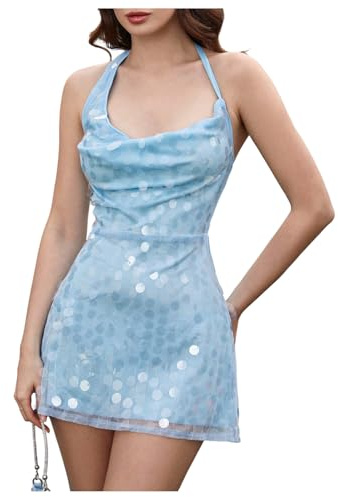 SOLY HUX Women's Sequin Sparkly Halter Mini Dress Cowl Neck Draped Backless Sleeveless A Line Party Summer Dresses Plain Blue Medium