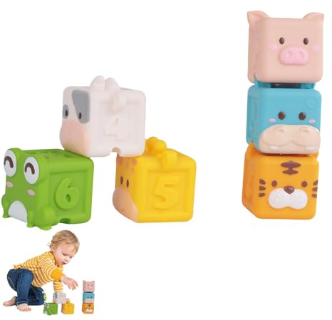 6 StüCk Tierform Weiche Baby Weiche Bausteine - StapelwüRfel, Squeeze Zahnen, Motorik BauklöTze, Junge MäDchen, Montessori Sensorik Spielzeug, Building Blocks, Kleinkind ab 6 Monate und HöHer