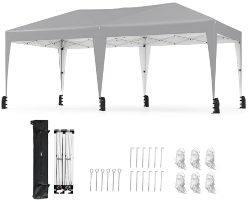 COSTWAY 3x5,9 m Gazebo da Giardino Pieghevole, Regolabile in Altezza, Gazebo Esterno Impermeabile Antivento con Borsa a Rotelle, Montaggio Veloce, Tendone per Feste, Mercati e Matrimoni (Grigio)
