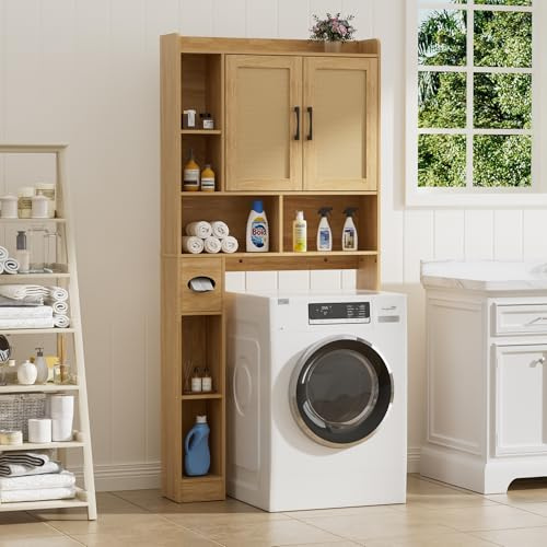 BonVache Armadietto Lavatrice con Ante in Rattan Intrecciato – 2 ante, ripiani regolabili, scomparto laterale per asciugamani di carta e 6 vani aperti – per bagno, WC e lavanderia, Legno Naturale