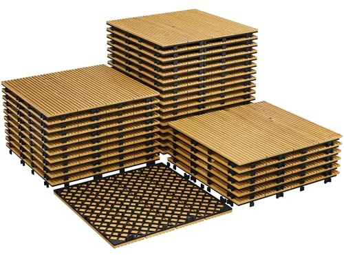 33 Pack Acacia Wood Deck Tiles 12X12 Interlocking, Snap Together Patio Flooring Covers 32 Sq ft, Non-Slip Water Resistant Balcony Pool Deck Tiles for Indoor & Outdoor Use,Yellow