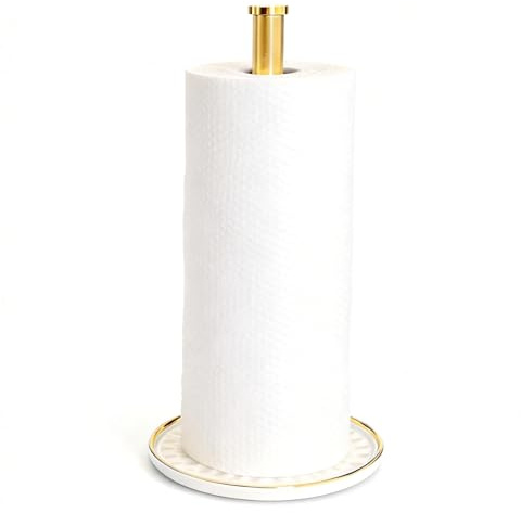 Paper Towel Holder Countertop,Kitchen Paper Towels Holder with Weighted Ceramic Base, Golden Paper Towel Holders for Standard and Large Size Rolls