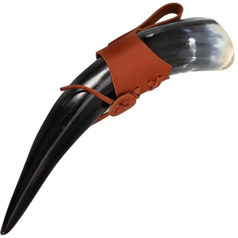 MUCKLILY Corno da Bere Vichingo Rustico in Corno Naturale con Supporto in Pu, Boccale Medievale Decorativo per Vino e Whisky, Tazza Cosplay per Feste ed Eventi a Tema Storico