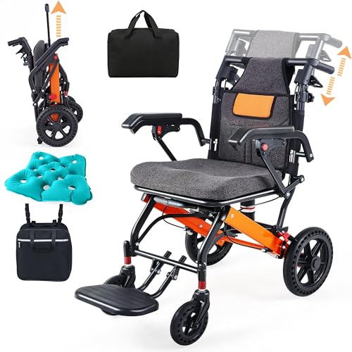 WEYRAL 2026 - Sedia a rotelle pieghevole leggera, schienale regolabile, 28 cm, ruote per il trasporto con manico telescopico, borsa da viaggio, cuscino gonfiabile