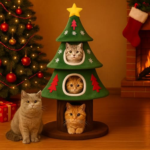 COMHOMA Arbre à chat de 135 cm de haut - Design d'arbre de Noël - Arbre à chat à plusieurs étages avec maison pour chat - Avec colonnes à gratter - Balle de jeu stable - Pour chats - Vert