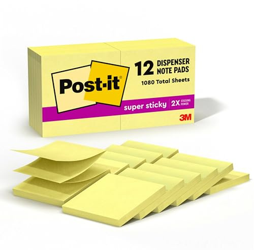 Post it Notes Super Sticky Z-Notes, 76mm x 76mm, Canary Yellow, 6 pads, 90 sheets per pad