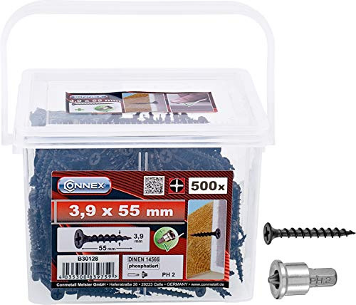 Connex Schnellbauschrauben 3,9 x 55 mm - 500 Stück - Mit Grobgewinde - Trompetenkopf - PH Phillips-Antrieb - Schwarz phosphatiert - Inkl. Tiefenstopp / Trockenbauschrauben / Schrauben-Eimer / B30128