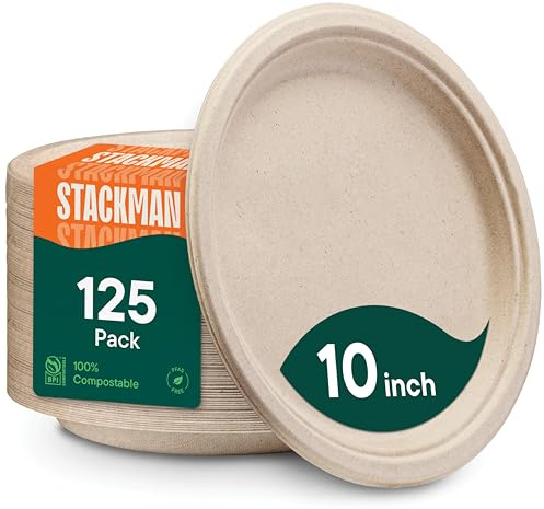 Paper Plates, 100% Compostable Heavy Duty Disposable 10 Inch Plate - [125-Pack] Eco-Friendly, Biodegradable Bagasse - (PFAS-Free) - (BPI Certified)