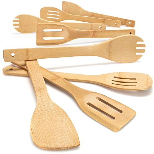 COM-FOUR® Ensemble de 8 cuillères - cuillères de cuisine en bois, spatules, cuillères à fente et cuillères à salade en bambou - gadgets de cuisine pour cuisiner et frire (8 pièces - bambou - marron)