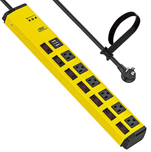 CRST 6-Outlet Heavy Duty Power Strip with USB and Individual Switches, 1200 Joules Metal Mountable Surge Protector Power Strip 15A Circuit Breaker, 6FT Extension Cord for Garage, Workshop, School