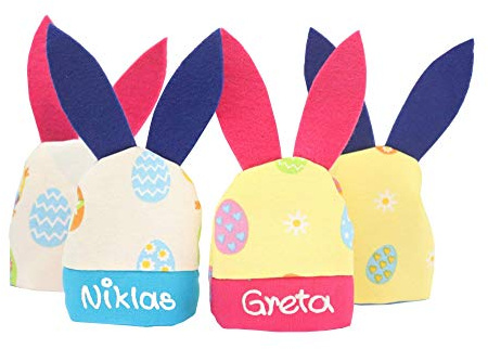 Eierwärmer mit lustigen Hasenohren und Namen - Verschiedene Farben Blau u. Pink - Tischdekoration Ostern - Eierhaube personalisiert - Eierhütchen mit Wunschbeschriftung