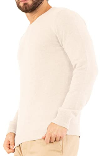 Marine Cashmere - Rund krage tröja i ren kashmir för herr, nacke, 100 % delikat och mjuk kashmir-tråd, tillverkad i Italien, Vitt och blått, L