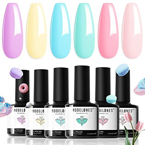 Modelones Gel Nail Polish Set, 6 Colors Pastel Gel Polish Pink Blue Purple Yellow Green Nail Polish Summer Nail Varnish Kit Soak Off Nail Art Manicure DIY Salon for Women