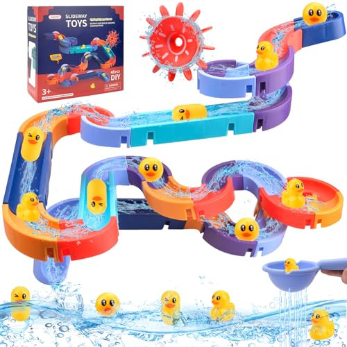 Vibbang Bath Toys for Toddlers, Baby Bath Toy Water Slide With Wind-Up Duck, Water Track Bathtub Toys, Interactive Ferris Wheel Water Duck Slide Toys, DIY Educational Watermill Toy(48 Pcs)