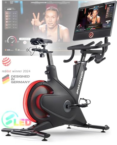 Vélo d’appartement Sportstech avec écran tactile 21,5 ou 10,1, marque allemande, appli avec cours live, bike fitness avec technologie LED brevetée, ergomètre sBike