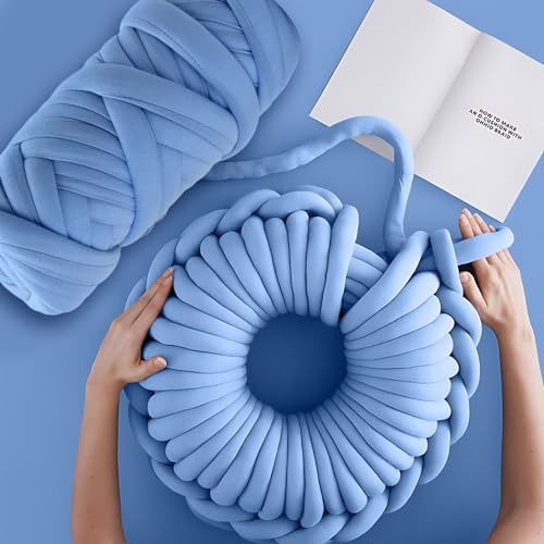 500g/20m Chunky Cotton Tube Yarn, Filling Cotton Yarns 2cm Thick Warm Breathable, Blanket Core Yarns Polyester Machine Washable, Tubular Thread for Arm Knitting DIY Sofa Cushion Pillow Pet Bed (Blue)