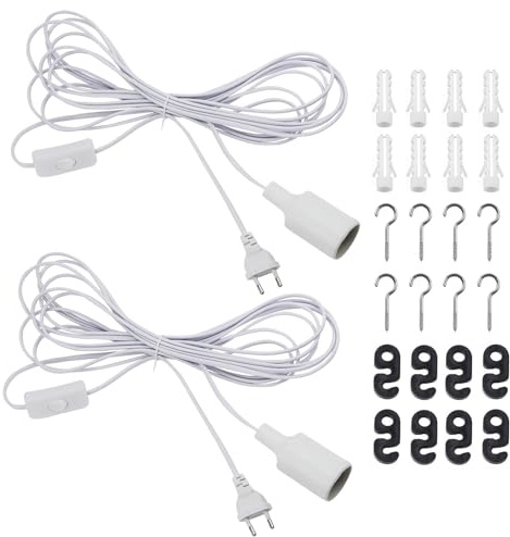 2 Piezas Portalámparas E27 Con Cable 6M AC 250V 4A(max.60W) Interruptor y EU Enchufe Bases y Gancho para Lámparas E27 en Blanco para Lámpara de Pie, Colgante y de Cabecera