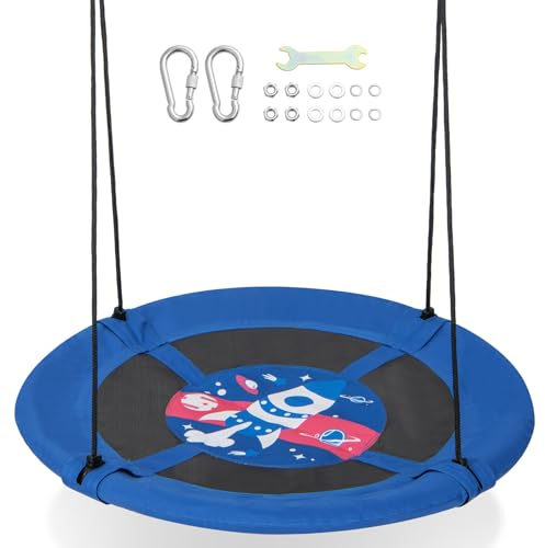 Maxmass Kids Saucer Swing, Children Nest Swing with Adjustable Ropes & Cute Pattern, Toddler Hanging Swing Seat for Garden Patio Backyard(Rocket Pattern)