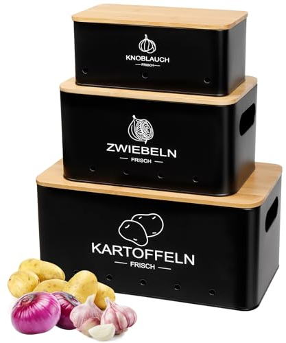 Avmvnvc Kartoffel Aufbewahrungsbox - 3er Set Kartoffel Zwiebel Knoblauch Aufbewahrung - Zwiebeltopf Kartoffelbox Knoblauchtopf - Hält Gemüse Länger Frisch (Schwarz, Rechteckig)