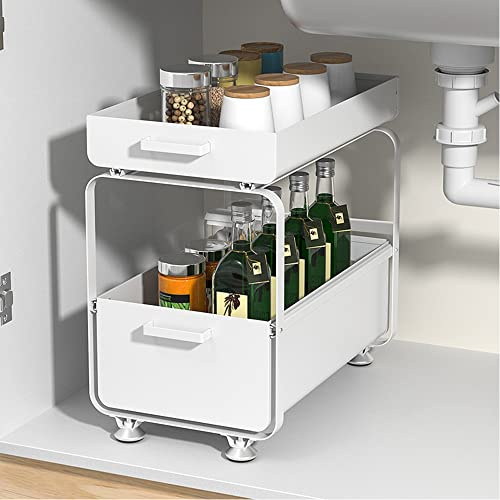 Kedia Scaffale sotto lavello a 2 livelli, ripiano multifunzione, cestello scorrevole per cucina, porta spezie, ripiano sotto il lavandino (bianco)