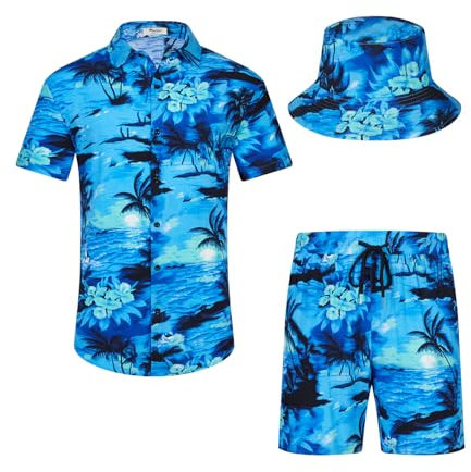 SPKPKEY Hawaii-Hemd und Shorts für Herren 2-teilig, Lässig Button-Down-Shirts Sommer Strand Outfits mit Hüten (Blau und Palme, XL)