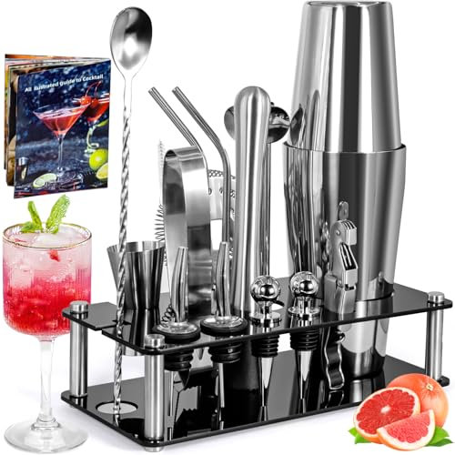 ZPQAODI Set cocktail, 18 pezzi, acciaio inossidabile, set professionale con supporto e ricettario, set da cocktail mix per
