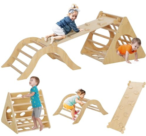 AIYAPLAY 8 en 1 Triángulo de Escalada Montessori con Arco y Rampa Escalada para Niños de Madera de 18-48 Meses con Bolsa de Arena 175x59,5 cm Natural