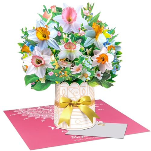 Daffodil Pop-Up Card, 3D Flower Bouquet Greeting Card with Envelope and Notecard, for Birthdays, Mother's Day, Anniversaries, Sympathy, Get Well, Thinking of You, Weddings, and Seasonal Greetings