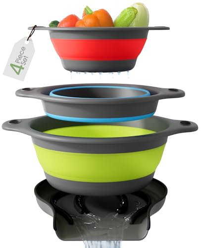 Gevoli Lot de 4 passoires pliables avec base auto-drainante pour bord de l'évier, passoires alimentaires (petit/moyen/grand), design emboîté pour un rangement facile (rouge, bleu, vert)